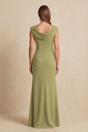Moss Green Cowl Neck Sheath Chiffon Mother of the Bride Dress with Slit and Cap Sleeves (2) | KISSBRIDAL