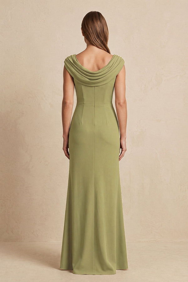 Moss Green Cowl Neck Sheath Chiffon Mother of the Bride Dress with Slit and Cap Sleeves (2) | KISSBRIDAL