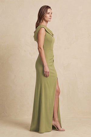 Moss Green Cowl Neck Sheath Chiffon Mother of the Bride Dress with Slit and Cap Sleeves (3) | KISSBRIDAL