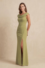 Moss Green Cowl Neck Sheath Chiffon Mother of the Bride Dress with Slit and Cap Sleeves | KISSBRIDAL