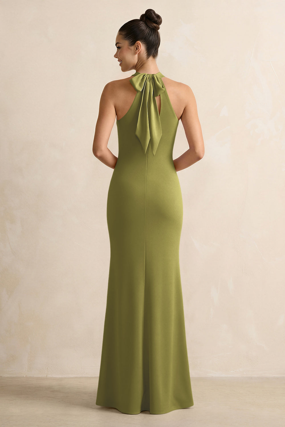 Crisscross Halter Sheath Satin Bridesmaid Dress with Bow in Moss Green