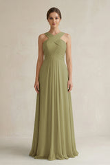 Moss Green Cross Halter Chiffon A-Line Pleated Bridesmaid Dress | KISSBRIDAL