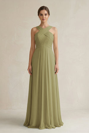 Moss Green Cross Halter Chiffon A-Line Pleated Bridesmaid Dress | KISSBRIDAL