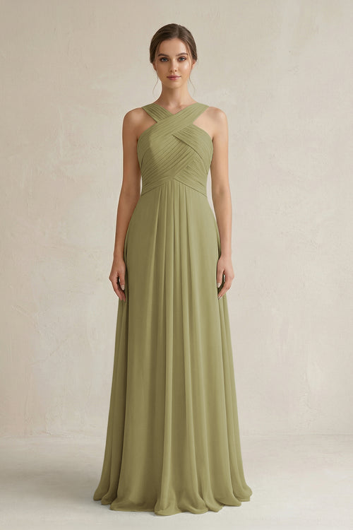 Moss Green Cross Halter Chiffon A-Line Pleated Bridesmaid Dress | KISSBRIDAL