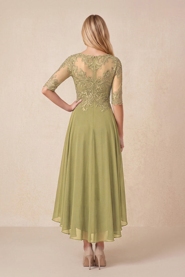 Moss Green Embroidered A-Line Chiffon Midi Mother of the Bride Dress with Sleeves (2) | KISSBRIDAL