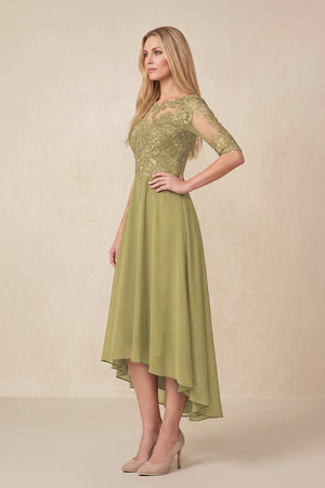 Moss Green Embroidered A-Line Chiffon Midi Mother of the Bride Dress with Sleeves (3) | KISSBRIDAL