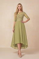 Moss Green Embroidered A-Line Chiffon Midi Mother of the Bride Dress with Sleeves | KISSBRIDAL