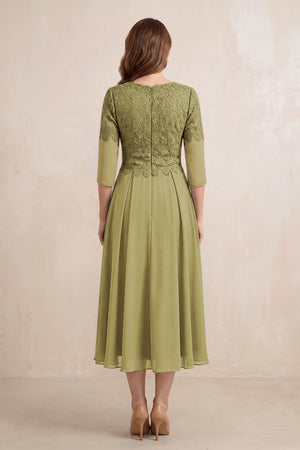 Moss Green Embroidered Chiffon A-Line Midi Mother of the Bride Dress (2) | KISSBRIDAL