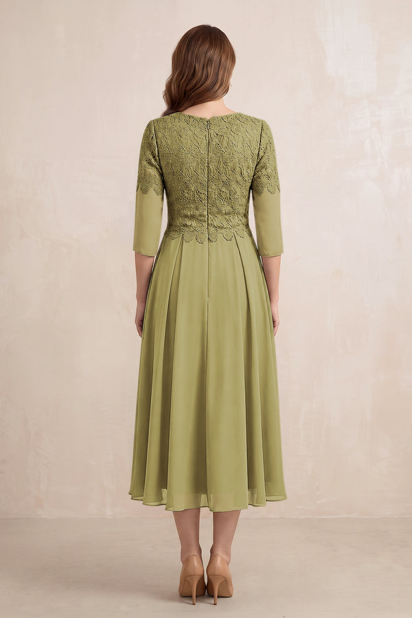 Moss Green Embroidered Chiffon A-Line Midi Mother of the Bride Dress (2) | KISSBRIDAL