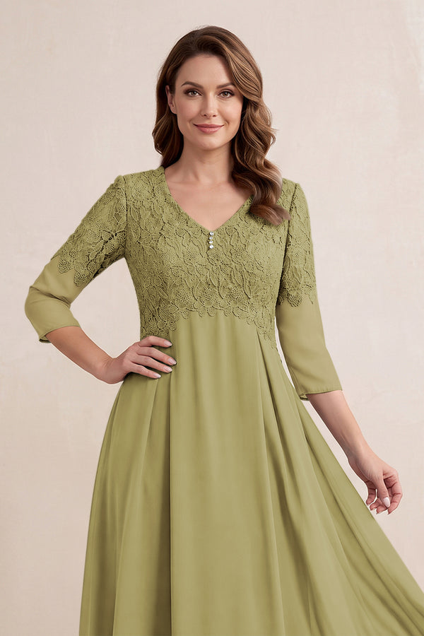 Moss Green Embroidered Chiffon A-Line Midi Mother of the Bride Dress (3) | KISSBRIDAL