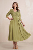 Moss Green Embroidered Chiffon A-Line Midi Mother of the Bride Dress | KISSBRIDAL