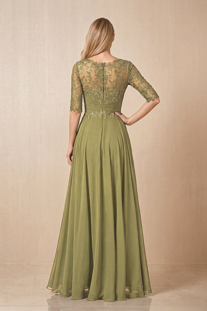 Moss Green Embroidered Chiffon Boat Neck A-Line Mother of the Bride Dress with Half Sleeves