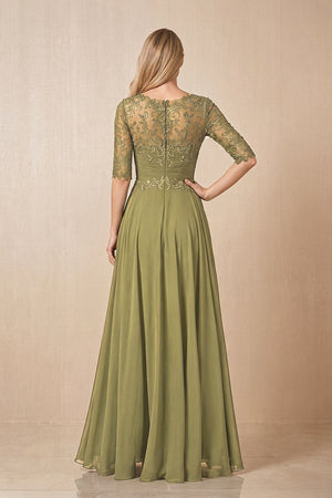 Moss Green Embroidered Chiffon Boat Neck A-Line Mother of the Bride Dress with Half Sleeves (2) | KISSBRIDAL
