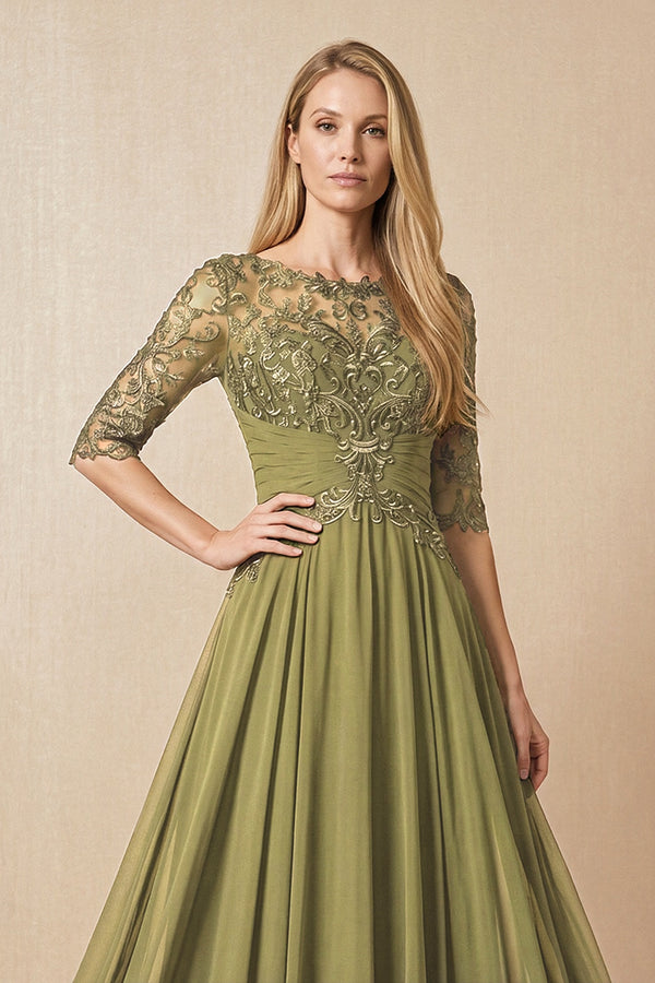 Moss Green Embroidered Chiffon Boat Neck A-Line Mother of the Bride Dress with Half Sleeves (3) | KISSBRIDAL