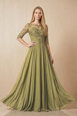 Moss Green Embroidered Chiffon Boat Neck A-Line Mother of the Bride Dress with Half Sleeves | KISSBRIDAL