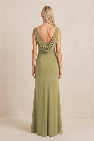 Moss Green Embroidered Cowl Neck Sheath Chiffon Mother of the Bride Dress (2) | KISSBRIDAL