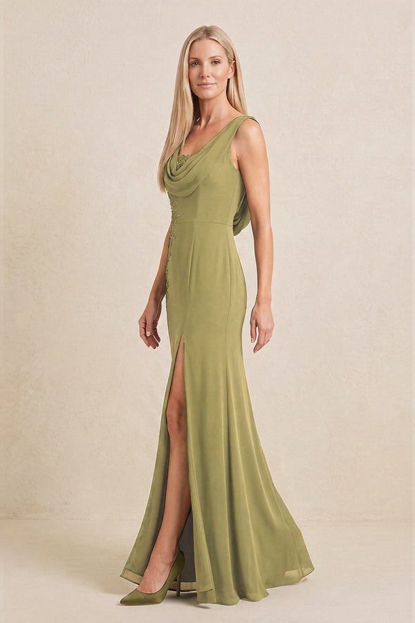 Moss Green Embroidered Cowl Neck Sheath Chiffon Mother of the Bride Dress (3) | KISSBRIDAL