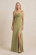 Moss Green Embroidered Cowl Neck Sheath Chiffon Mother of the Bride Dress | KISSBRIDAL