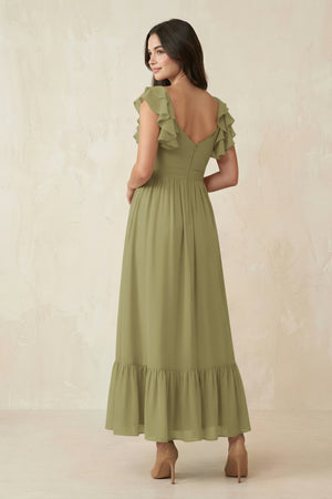 Moss Green Flutter Sleeve Sweetheart A-Line Chiffon Bridesmaid Dress (2) | KISSBRIDAL