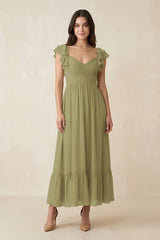 Moss Green Flutter Sleeve Sweetheart A-Line Chiffon Bridesmaid Dress | KISSBRIDAL
