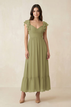 Moss Green Flutter Sleeve Sweetheart A-Line Chiffon Bridesmaid Dress | KISSBRIDAL
