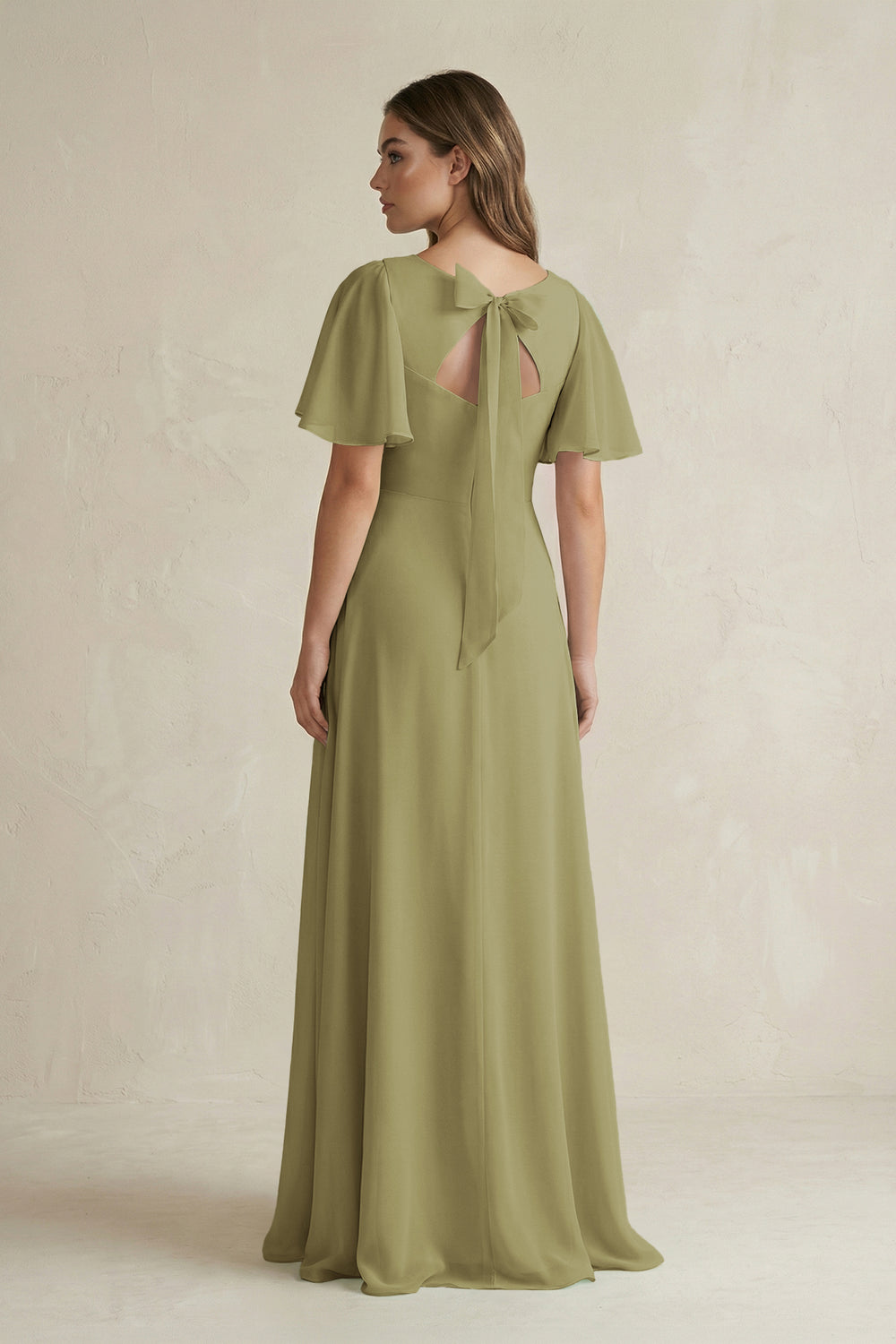 Flutter Sleeve V-Neck A-Line Chiffon Bridesmaid Dress in Moss Green