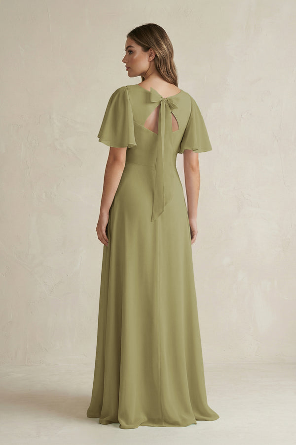 Moss Green Flutter Sleeve V-Neck A-Line Chiffon Bridesmaid Dress (2) | KISSBRIDAL