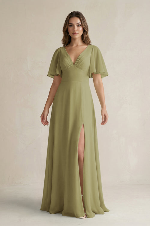 Moss Green Flutter Sleeve V-Neck A-Line Chiffon Bridesmaid Dress | KISSBRIDAL