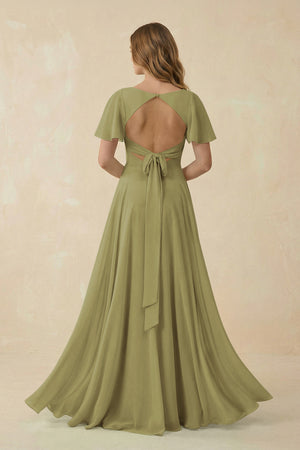 Moss Green Flutter Sleeve V-Neck Chiffon A-Line Bridesmaid Dress (2) | KISSBRIDAL