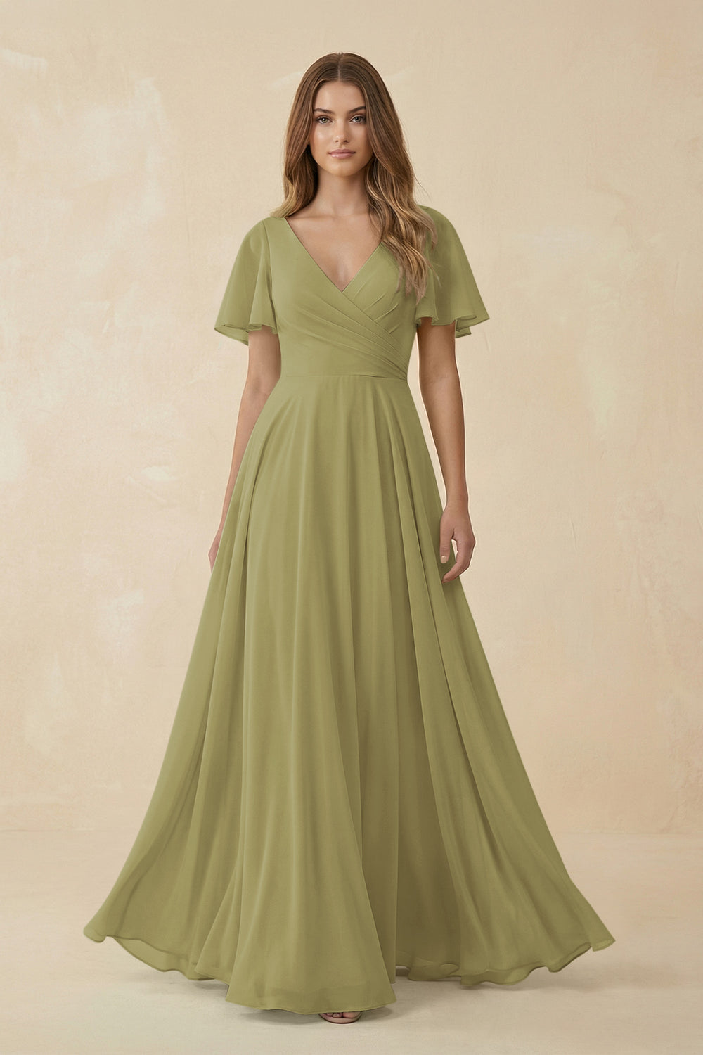 Flutter Sleeve V-Neck Chiffon A-Line Bridesmaid Dress in Moss Green