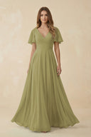 Moss Green Flutter Sleeve V-Neck Chiffon A-Line Bridesmaid Dress | KISSBRIDAL