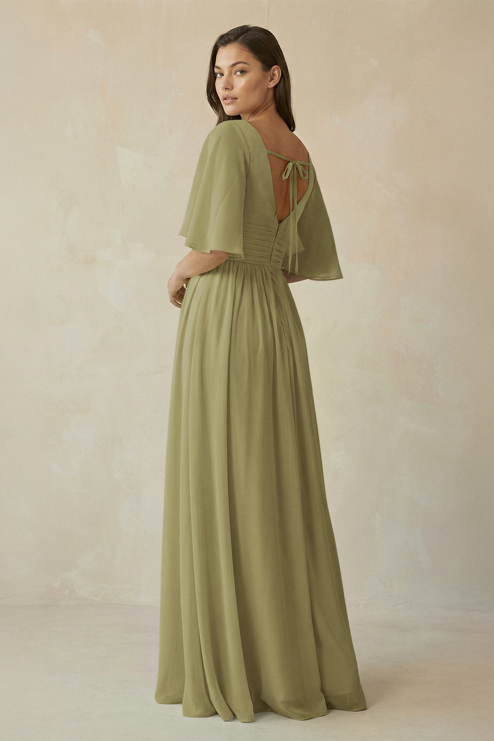 Half Sleeve V-Neck A-Line Chiffon Bridesmaid Gown in Moss Green