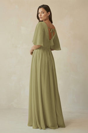 Moss Green Half Sleeve V-Neck A-Line Chiffon Bridesmaid Gown (2) | KISSBRIDAL