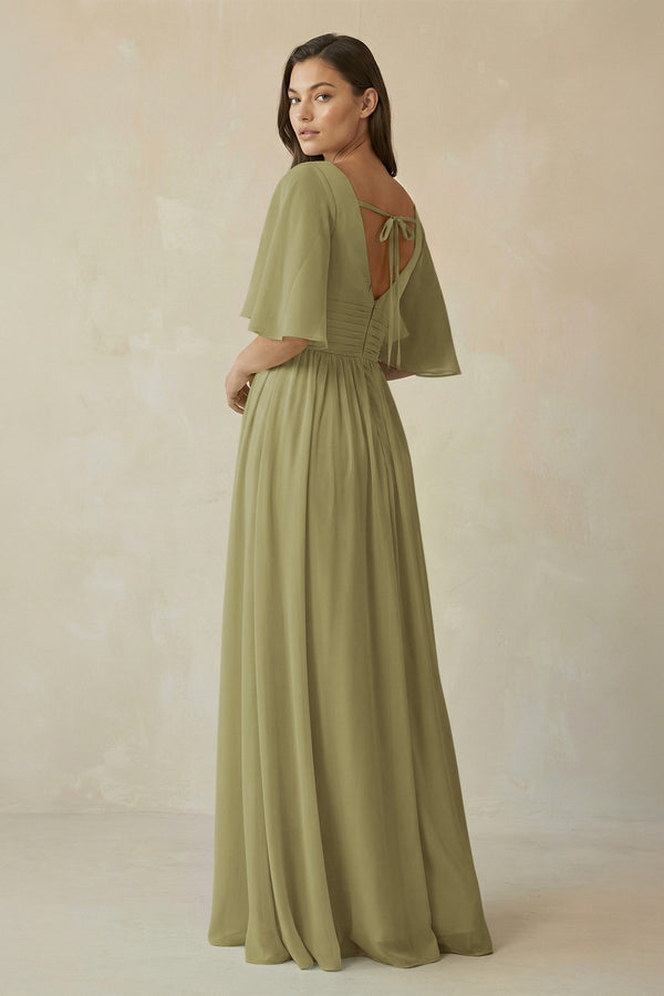 Moss Green Half Sleeve V-Neck A-Line Chiffon Bridesmaid Gown (2) | KISSBRIDAL