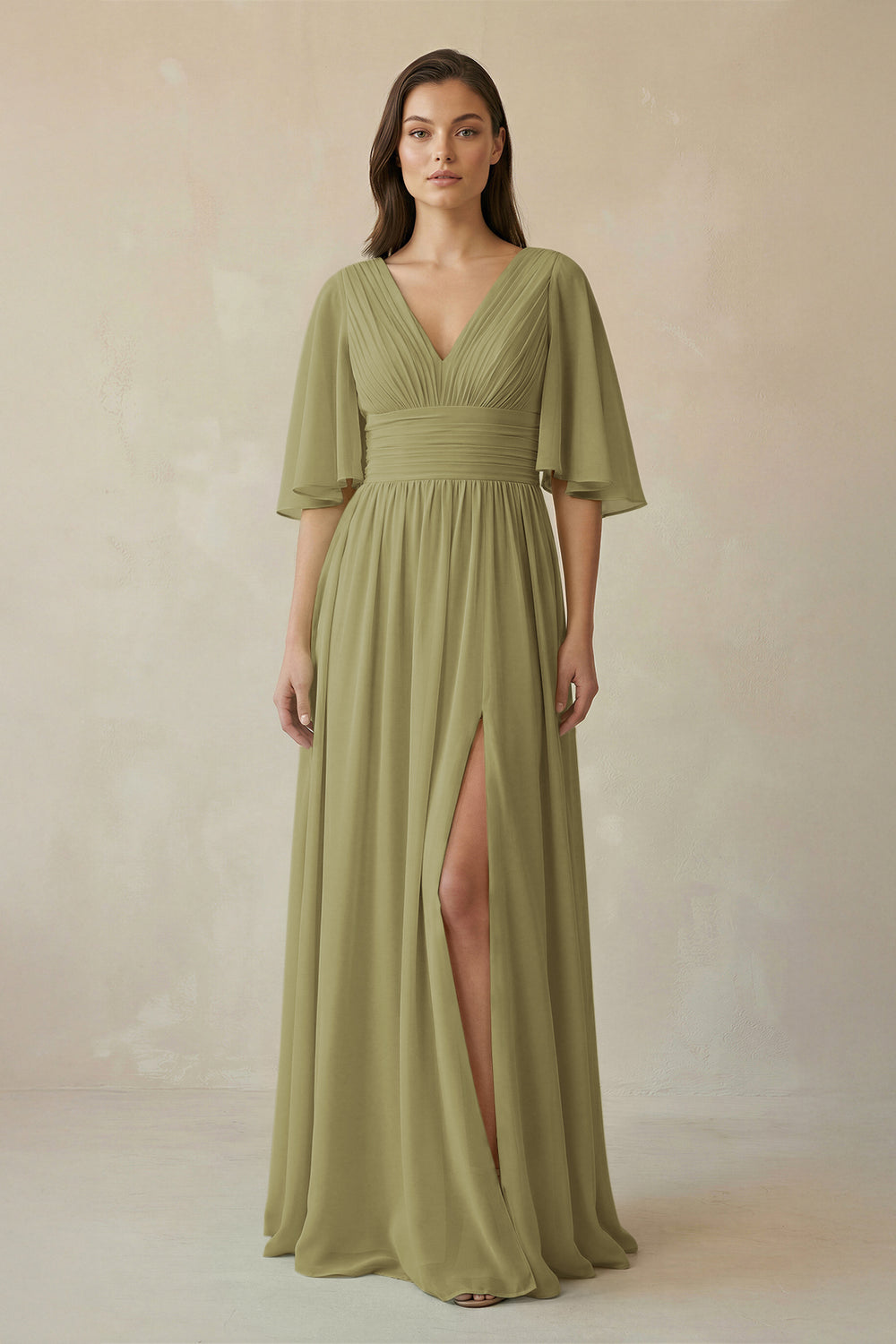 Half Sleeve V-Neck A-Line Chiffon Bridesmaid Gown in Moss Green