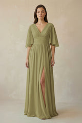 Moss Green Half Sleeve V-Neck A-Line Chiffon Bridesmaid Gown | KISSBRIDAL