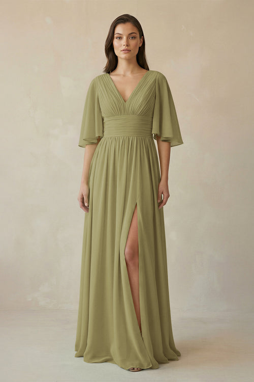 Moss Green Half Sleeve V-Neck A-Line Chiffon Bridesmaid Gown | KISSBRIDAL