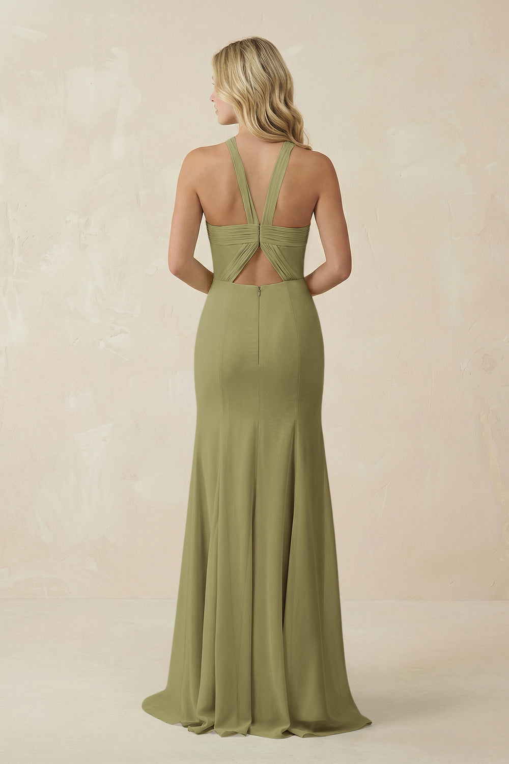 Halter Chiffon Mermaid Ruched Bridesmaid Dress in Moss Green