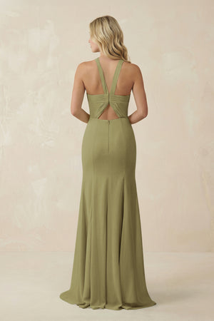 Moss Green Halter Chiffon Mermaid Ruched Bridesmaid Dress (2) | KISSBRIDAL