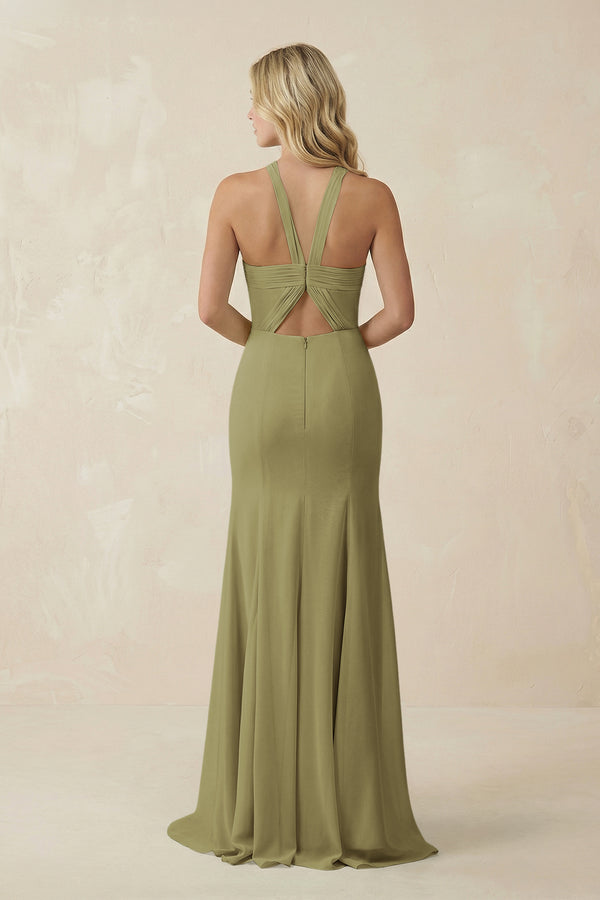 Moss Green Halter Chiffon Mermaid Ruched Bridesmaid Dress (2) | KISSBRIDAL