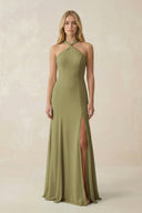 Moss Green Halter Chiffon Mermaid Ruched Bridesmaid Dress | KISSBRIDAL