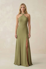 Moss Green Halter Chiffon Mermaid Ruched Bridesmaid Dress | KISSBRIDAL