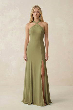 Moss Green Halter Chiffon Mermaid Ruched Bridesmaid Dress | KISSBRIDAL