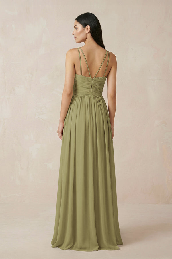 Moss Green Halter Neck A-Line Chiffon Bridesmaid Dress (2) | KISSBRIDAL