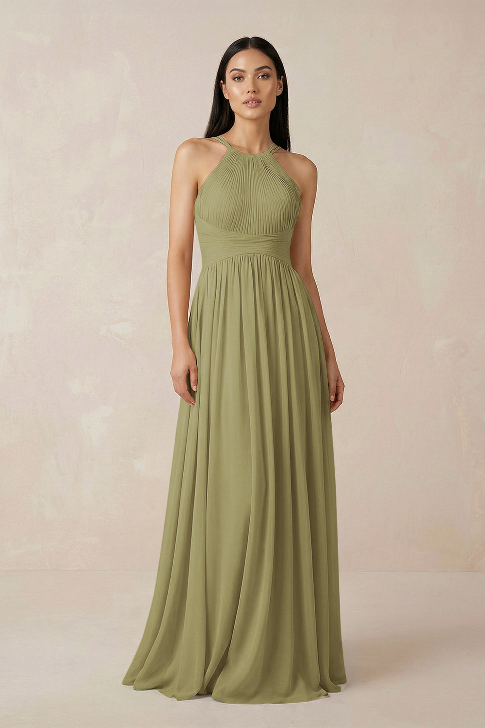 Halter Neck A-Line Chiffon Bridesmaid Dress in Moss Green