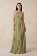 Moss Green Halter Neck A-Line Chiffon Bridesmaid Dress | KISSBRIDAL