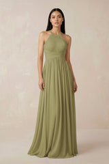 Moss Green Halter Neck A-Line Chiffon Bridesmaid Dress | KISSBRIDAL