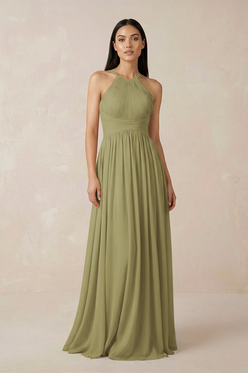 Moss Green Halter Neck A-Line Chiffon Bridesmaid Dress | KISSBRIDAL