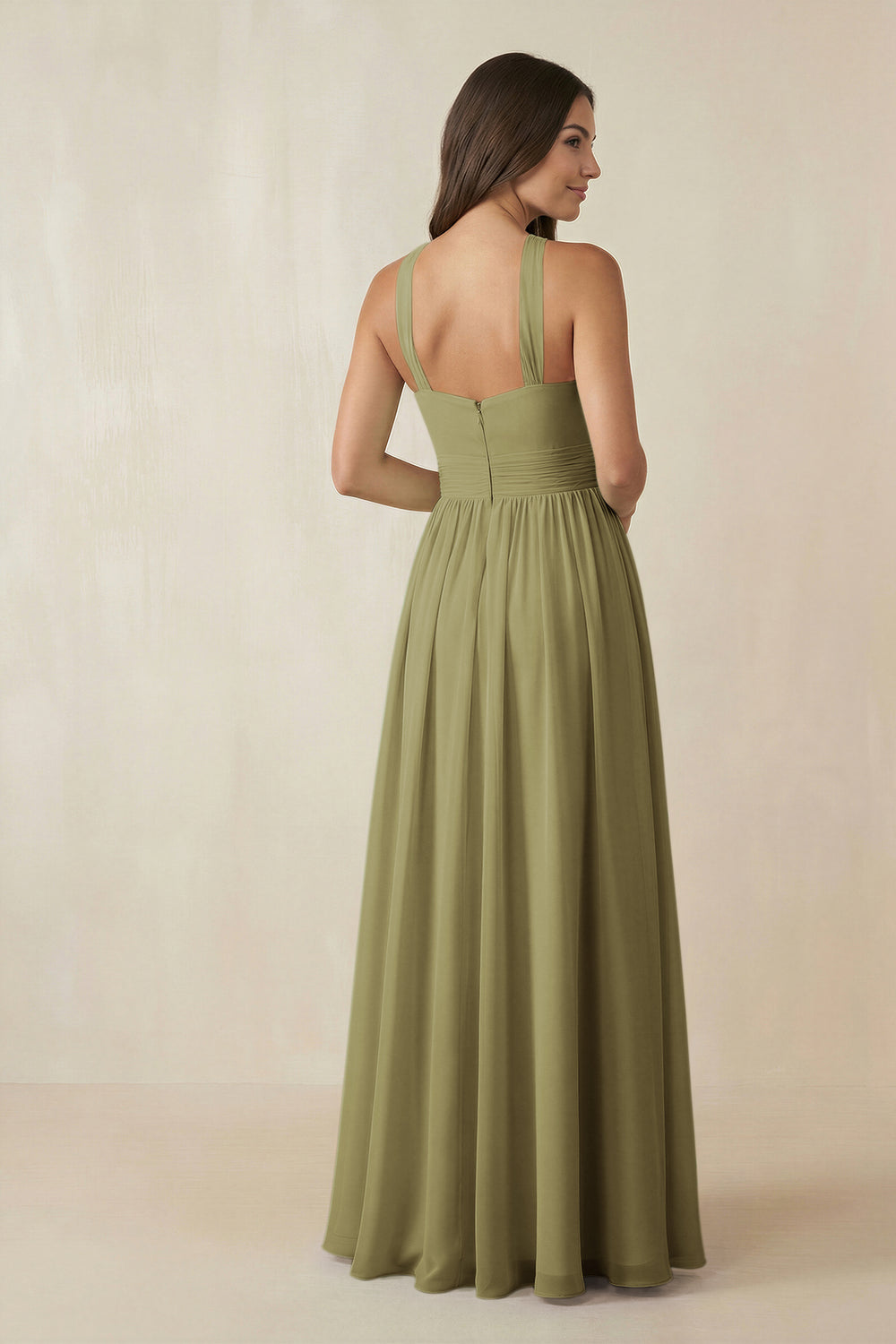 Halter Neck Ruched A-Line Chiffon Bridesmaid Dress in Moss Green