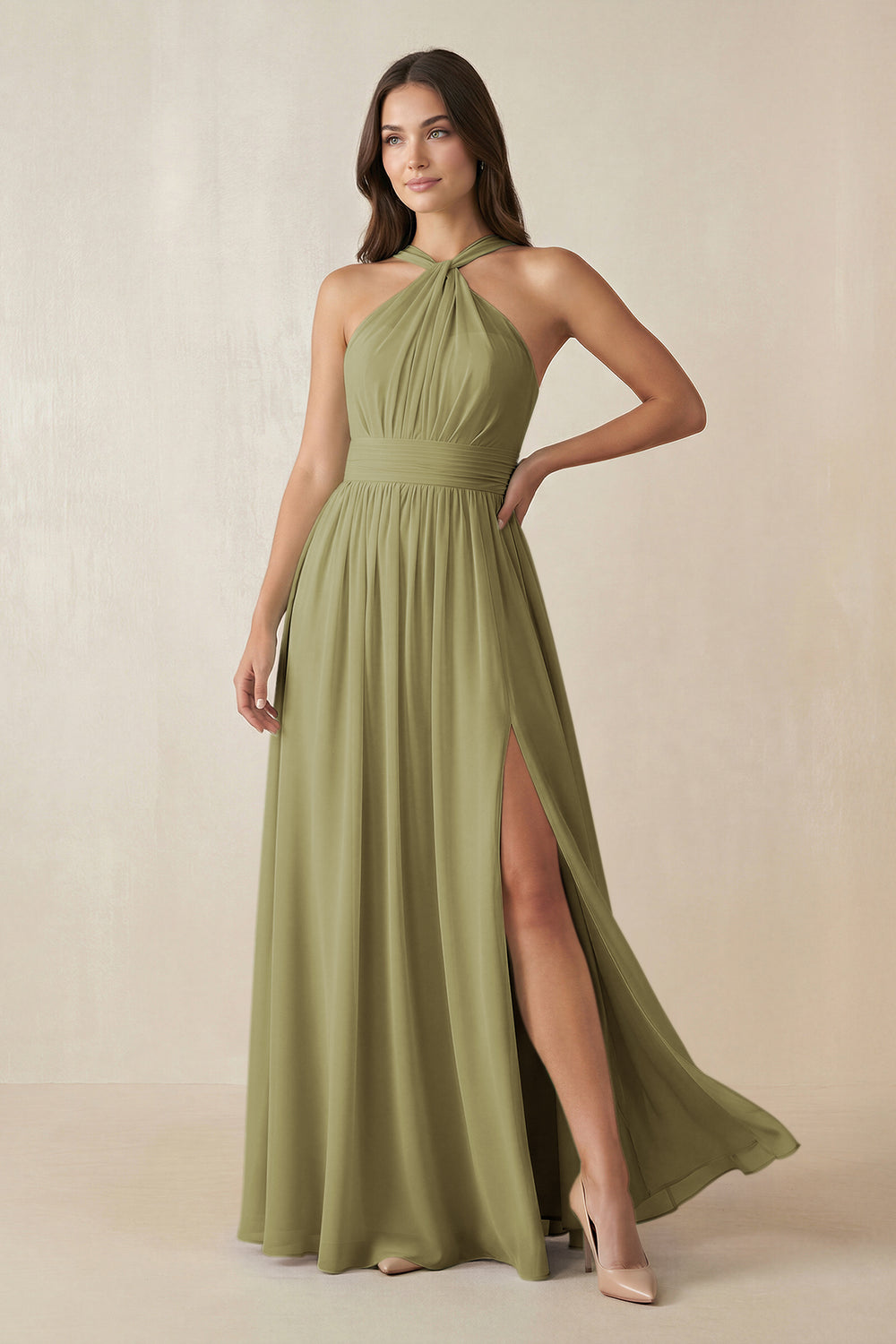 Halter Neck Ruched A-Line Chiffon Bridesmaid Dress in Moss Green